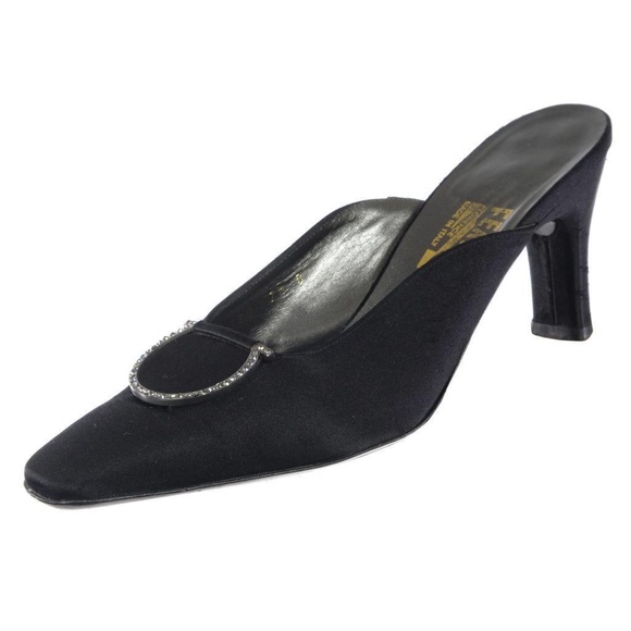 Worn 1x SALVATORE FERRAGAMO Mules Heels Shoes 7.5 B Satin Black Rhinestone ITALY